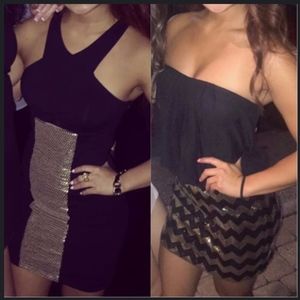 bebe Black and Gold Mini Dresses
